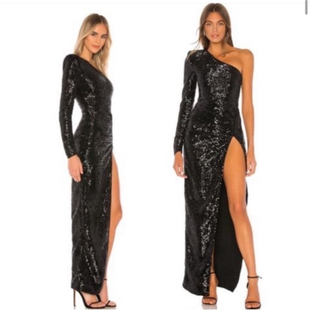 Revolve Michael Costello Terri gown Sequin One Shoulder Side Slit dress black - Picture 4 of 10